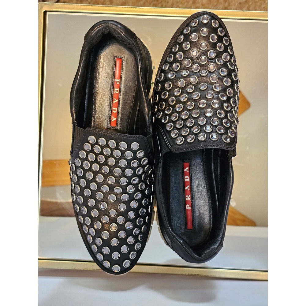 Prada 3S6018 Crystal Embellished Black Leather Slip-On Sneakers EU 40 unisex - Picture 3 of 12